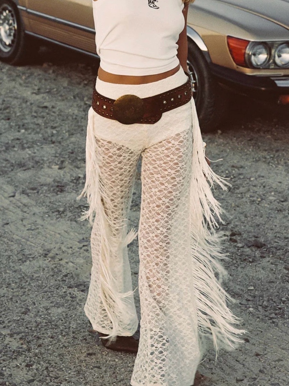 12th Tribe White Crochet Fringe Wide Leg Pants - Picture 1 of 4